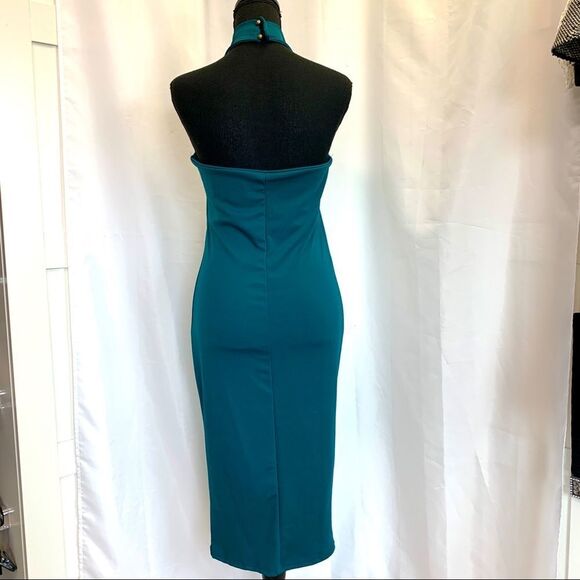 Teal green cutout crisscross choker bodycon dress Sz M - Picture 5 of 12